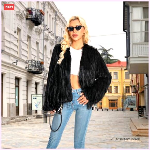 Plus Size Faux Fur Jacket Winter Coat Long Sleeve with Pockets - Picture 3 of 6